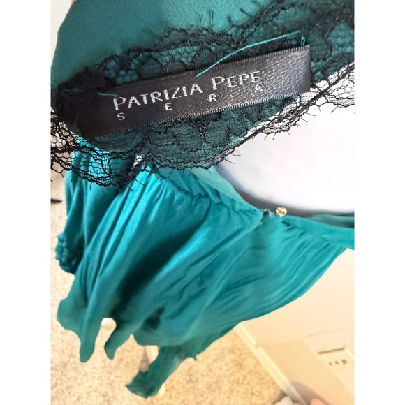 Patrizia Pepe Sera‎ Hypnotic Green Open Back Gold Chain High-Low Dress IT 42 NEW - Picture 7 of 13